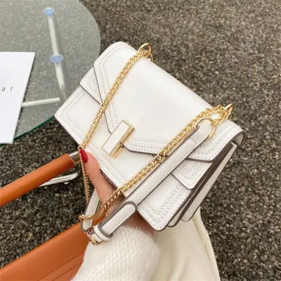 Women Patchwork Metal Chain Crossbody Bag Fresh Sweet PU Solid Color