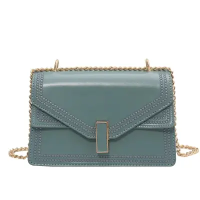 Women Patchwork Metal Chain Crossbody Bag Fresh Sweet PU Solid Color