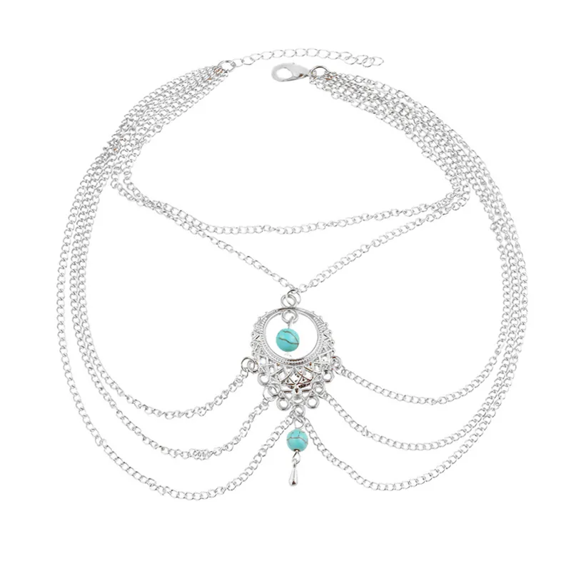 Women Wholesale Punk Vintage Multilayer Tassels Imitation Turquoise Decoration Anklet