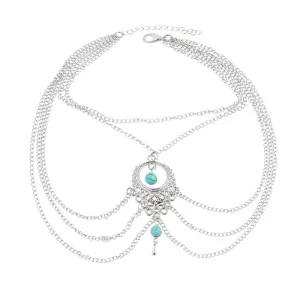 Women Wholesale Punk Vintage Multilayer Tassels Imitation Turquoise Decoration Anklet