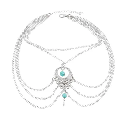 Women Wholesale Punk Vintage Multilayer Tassels Imitation Turquoise Decoration Anklet