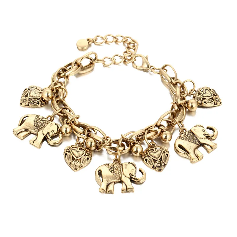 Women Vintage Engraving Elephant Heart Shape Pendant Alloy Anklet