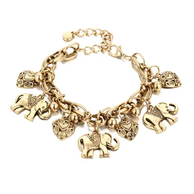 Women Vintage Engraving Elephant Heart Shape Pendant Alloy Anklet