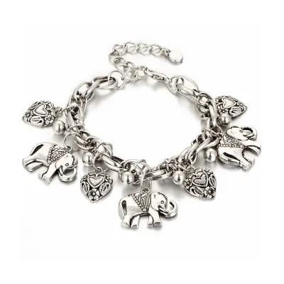 Women Vintage Engraving Elephant Heart Shape Pendant Alloy Anklet