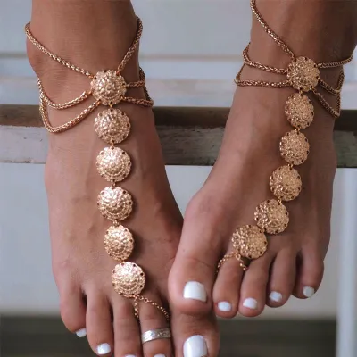 Women's Bohemian Ethnic Engraving Flower Pattern Multilayer Anklet