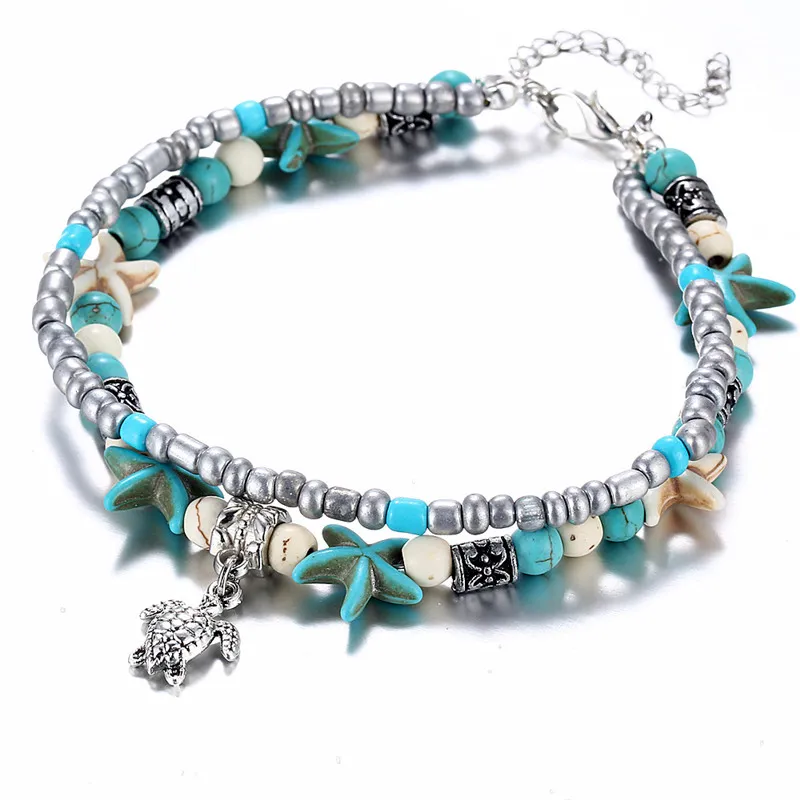 Women Summer Beach Blue Starfish Turquoise Decoration Turtle Pendant Double-Layer Anklet