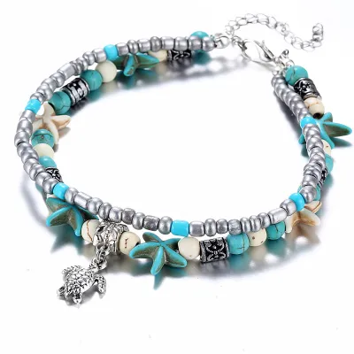 Women Summer Beach Blue Starfish Turquoise Decoration Turtle Pendant Double-Layer Anklet