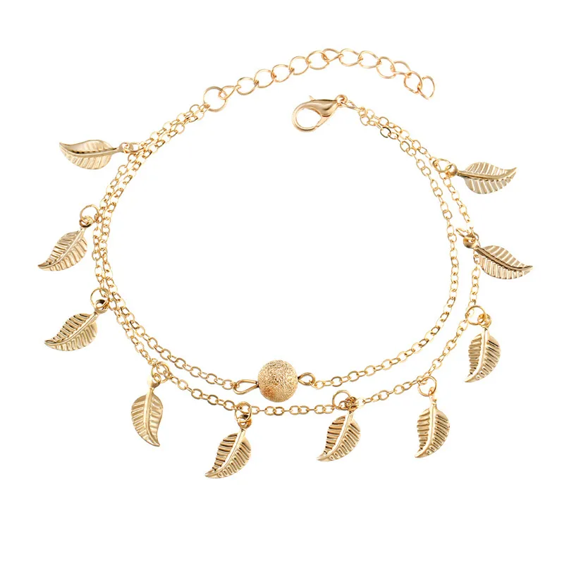 Female Hot Beach Vintage Leaf Shape Pendant Double-Layer Anklet