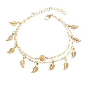 Female Hot Beach Vintage Leaf Shape Pendant Double-Layer Anklet