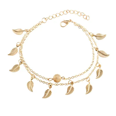 Female Hot Beach Vintage Leaf Shape Pendant Double-Layer Anklet