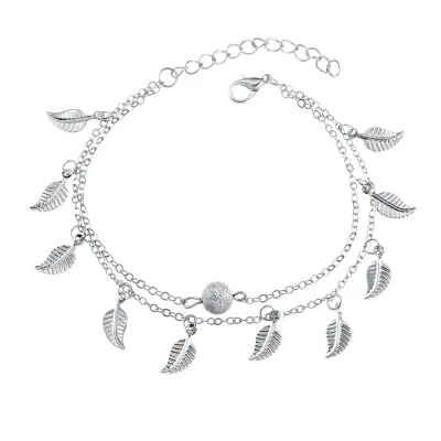 Female Hot Beach Vintage Leaf Shape Pendant Double-Layer Anklet