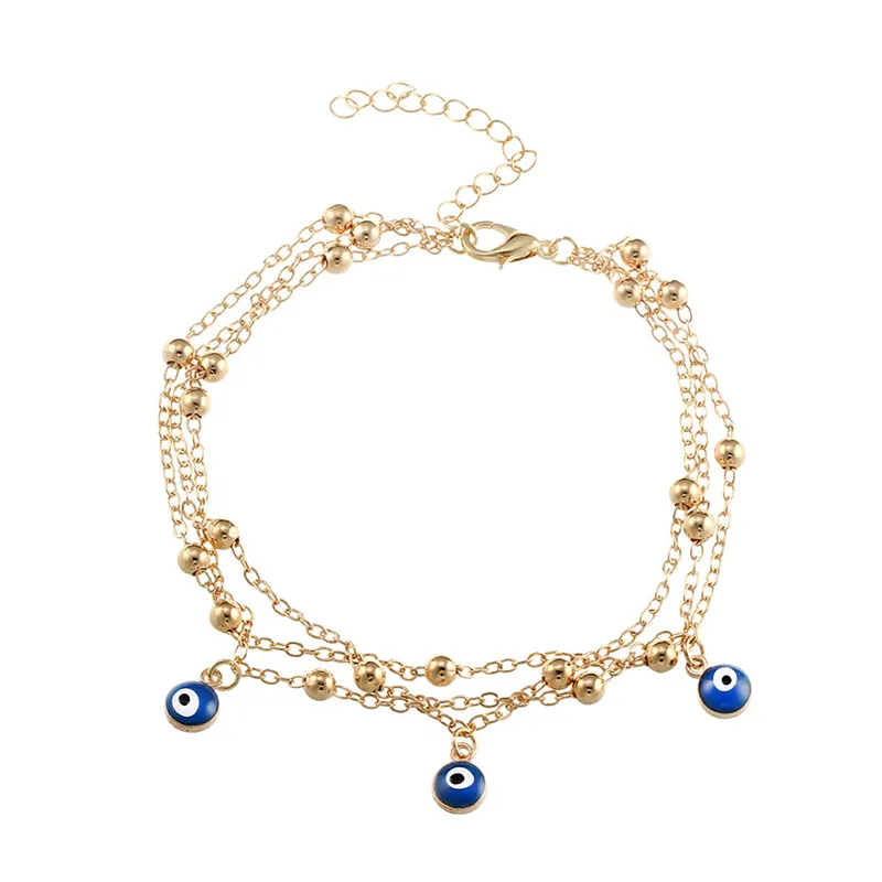 Women Bohemian Summer Blue Eyes Shape Pendant Multilayer Anklet