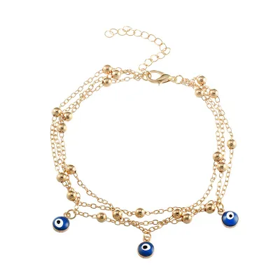 Women Bohemian Summer Blue Eyes Shape Pendant Multilayer Anklet