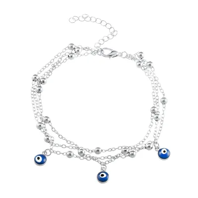Women Bohemian Summer Blue Eyes Shape Pendant Multilayer Anklet