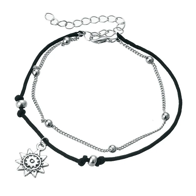 Women Bohemian Style Double Layers Vintage Beads Sun Pendant Foot Jewelry Alloy Anklet