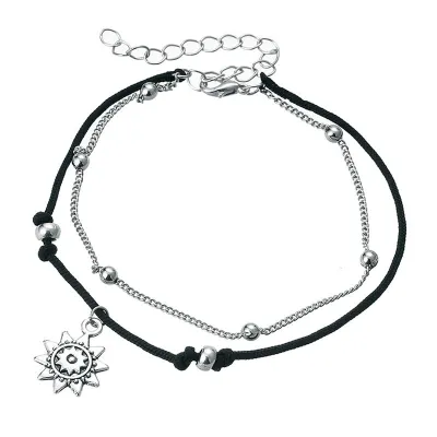 Women Bohemian Style Double Layers Vintage Beads Sun Pendant Foot Jewelry Alloy Anklet