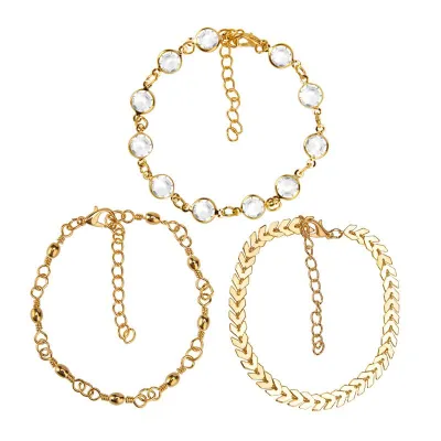 Woman Trendy Arrow Shape Inlay Imitation Diamonds Beads Alloy Anklet 3Pcs Set