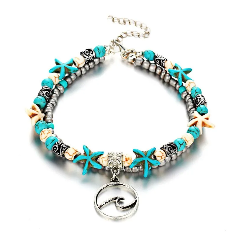 Lady Fashion Double Layers Starfish Beads Wave Pendant Alloy Beach Anklets