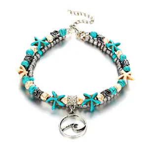 Lady Fashion Double Layers Starfish Beads Wave Pendant Alloy Beach Anklets