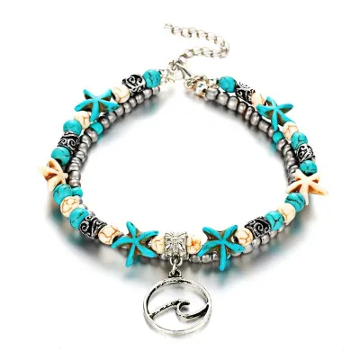 Lady Fashion Double Layers Starfish Beads Wave Pendant Alloy Beach Anklets