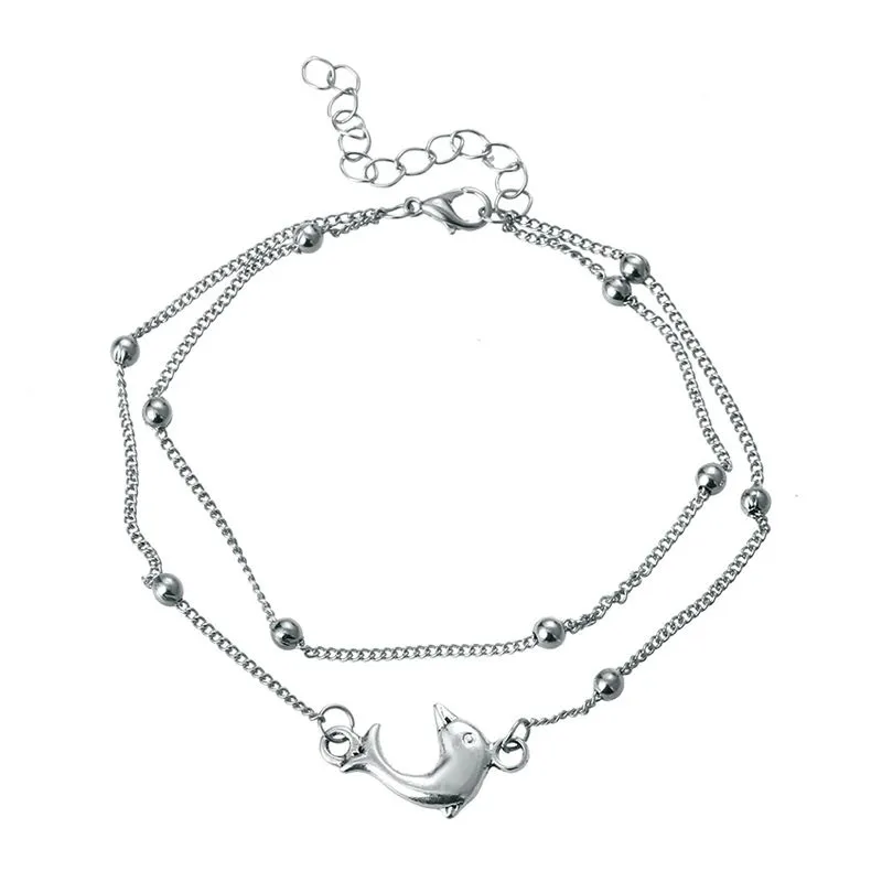 Lady Bohemia Style Double Layers Foot Jewelry Beads Dolphin Shape Alloy Beach Anklets