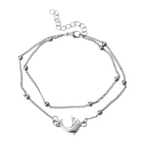 Lady Bohemia Style Double Layers Foot Jewelry Beads Dolphin Shape Alloy Beach Anklets