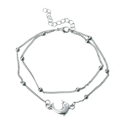 Lady Bohemia Style Double Layers Foot Jewelry Beads Dolphin Shape Alloy Beach Anklets