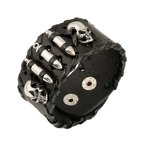 Fashion Skull Bullet Wide Leather Men's Bracelet Black