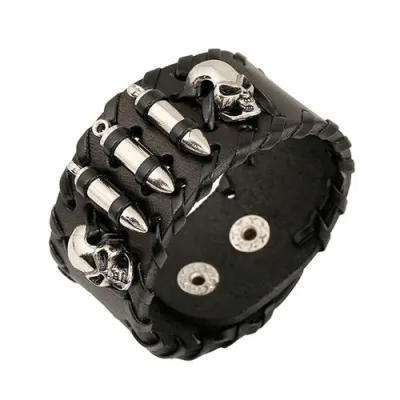 Fashion Skull Bullet Wide Leather Men's Bracelet Black