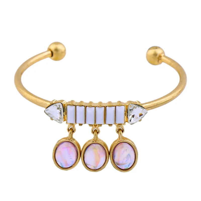 Women's Gold Oval Gemstone Pendant Elegant Cuff Bangles Design Fashion Bracelet