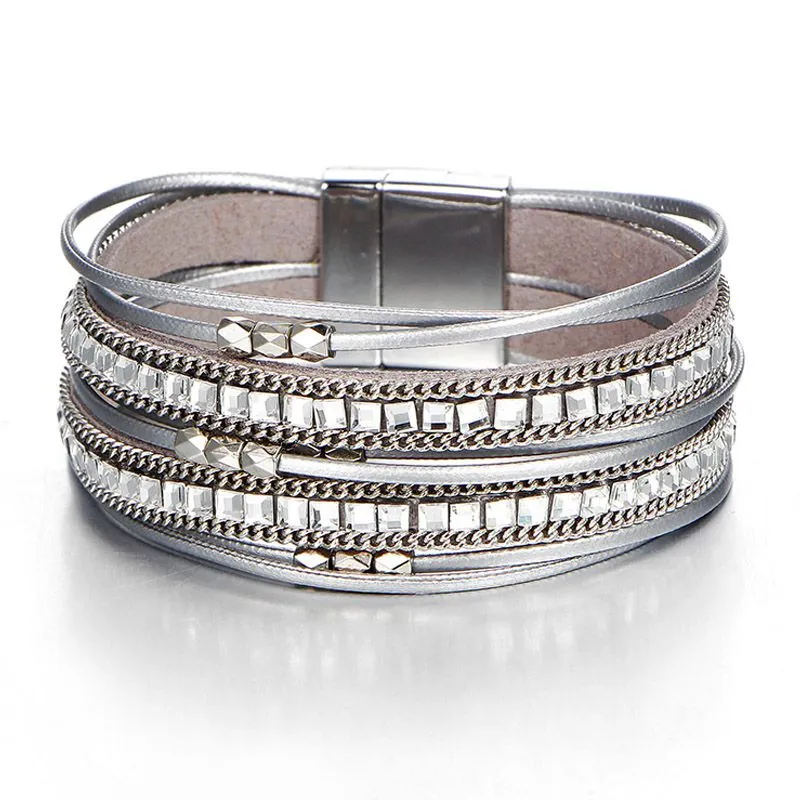 Women's Fashion Long PU Multilayer Geometric Inlay Crystal Bracelet