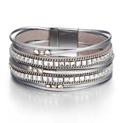 Women's Fashion Long PU Multilayer Geometric Inlay Crystal Bracelet