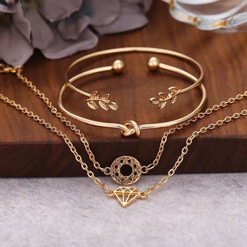 Women Unique Fashion Unclosed Leaf Diamond Shape Alloy Bracelet Set of 4