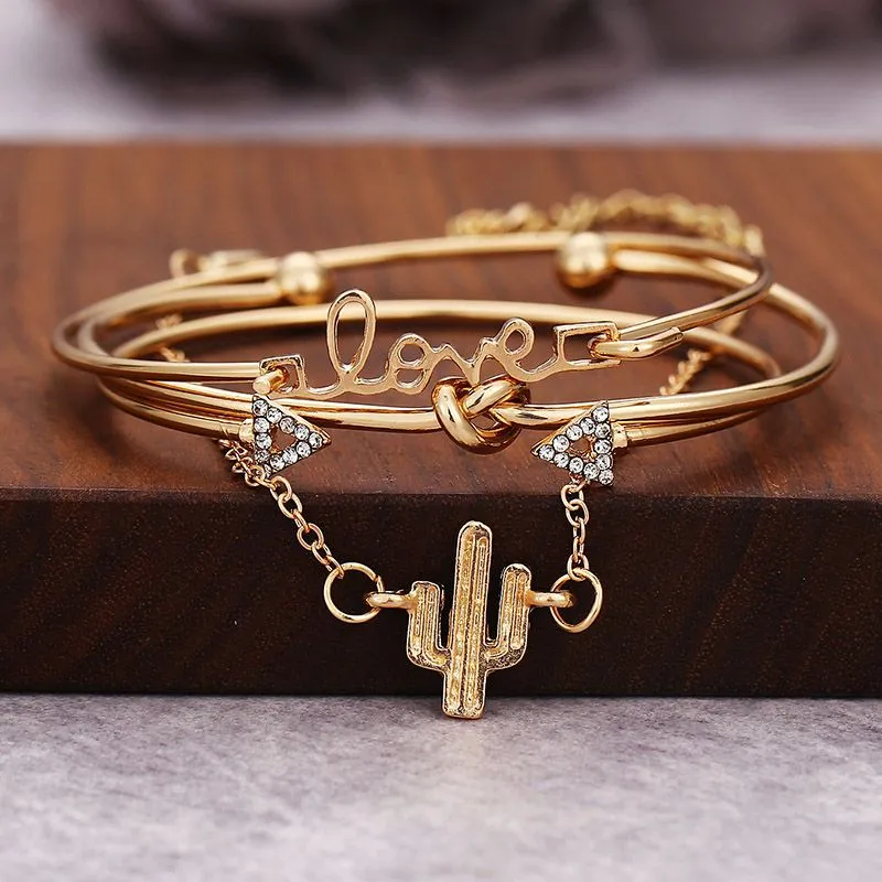 Women Unique Fashion Unclosed Leaf Diamond Shape Alloy Bracelet Set of 4