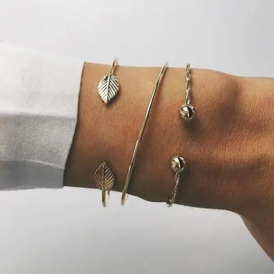 Women Fashion 3 Pcs Golden Plated Alloy Cuff Bangles Set Geometric Bangle Bracelets