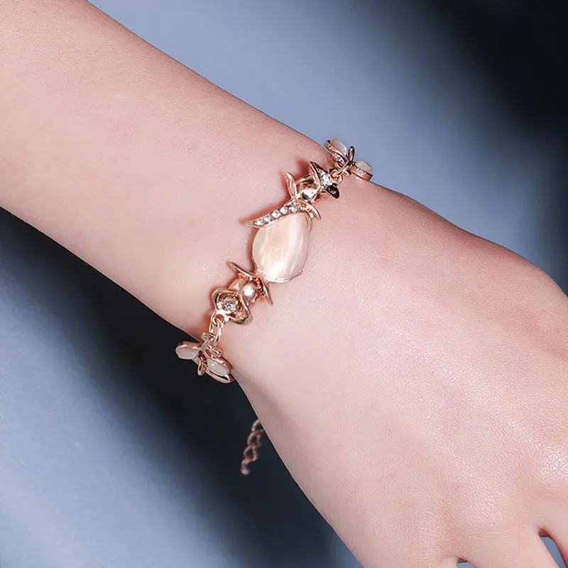 Fashion Lady Exquisite Opal Stone Decoration Leaf Rose Pattern Bracelet