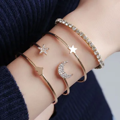 Women Fashion Classic Moon And Star Shape 4 Pcs Cuff Bangle