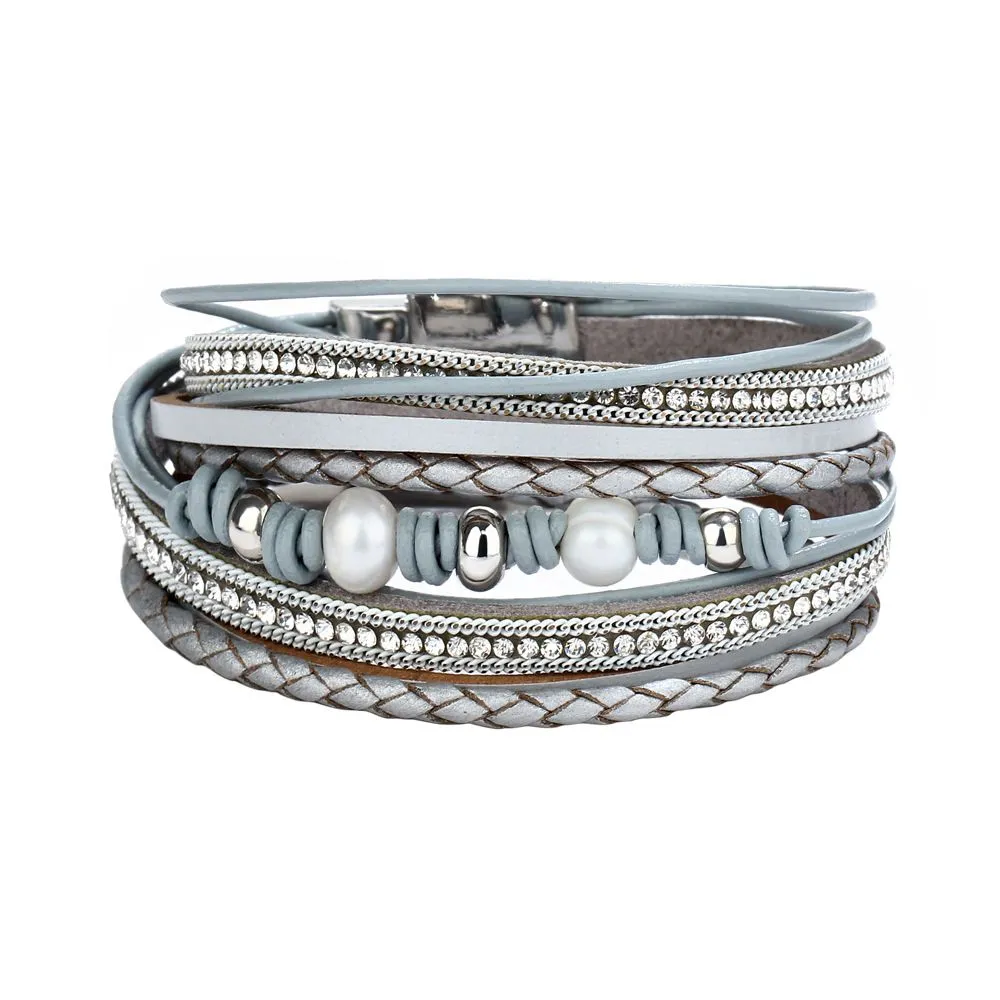 Unisex Women Fashion Multilayer PU Leather Wide Magnetic Buckle Bracelet