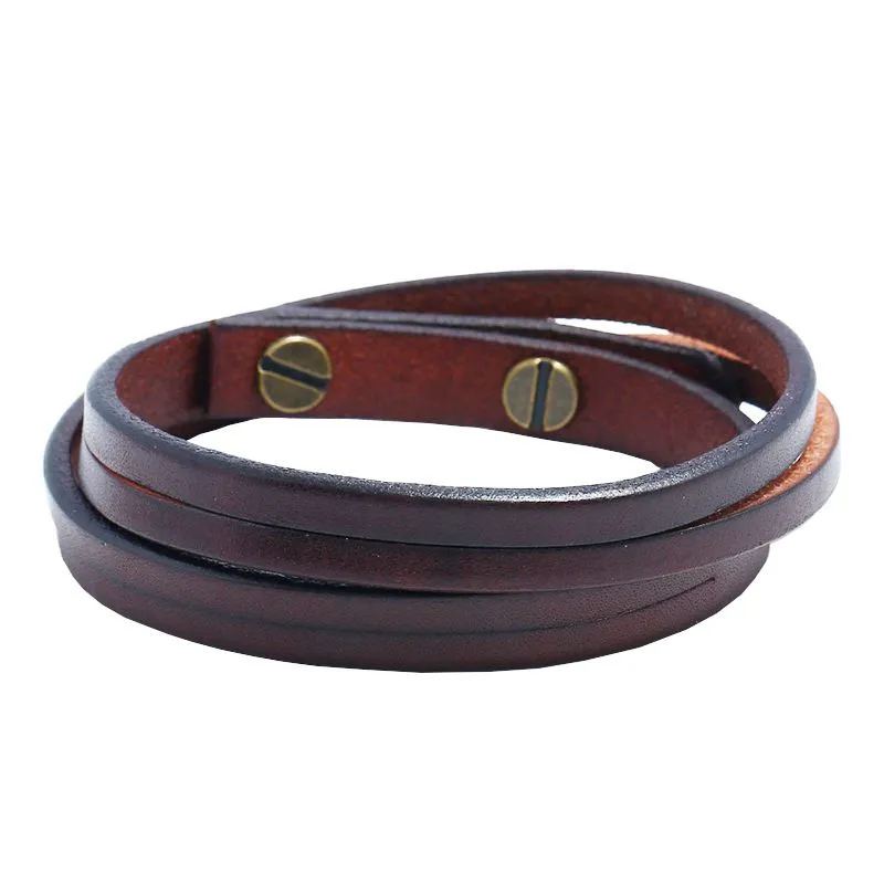 Men Fashion Solid Color Leather Cord Double Layer Wrapped Bracelet