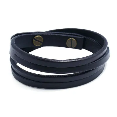 Men Fashion Solid Color Leather Cord Double Layer Wrapped Bracelet
