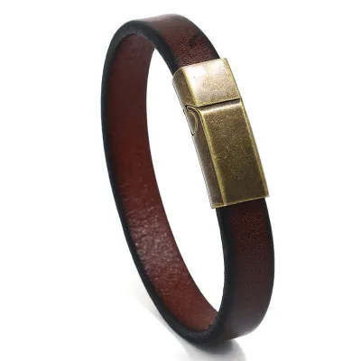 Vintage Men Simple Solid Color Leather Bronze Alloy Bracelet