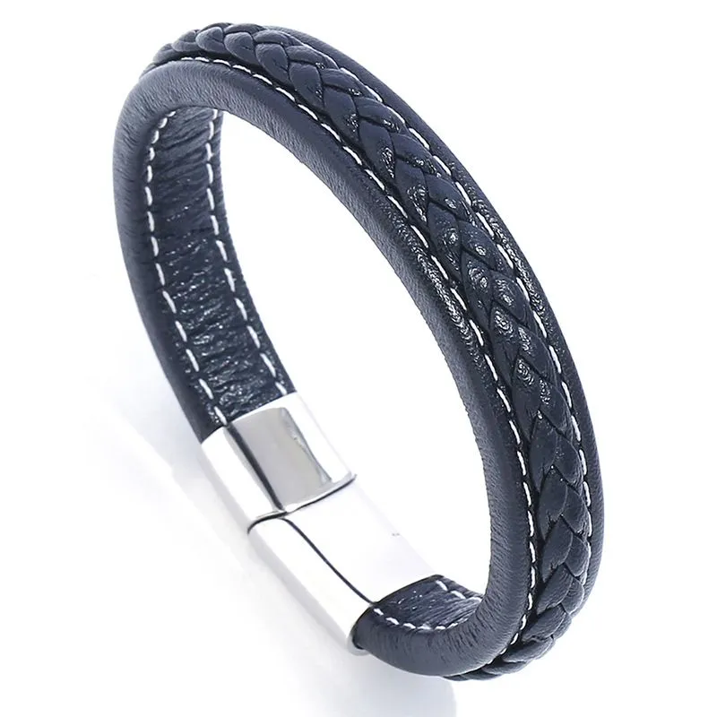 Men Fashion Handmade Braided Solid Color Titanium Steel Leather Bracelet