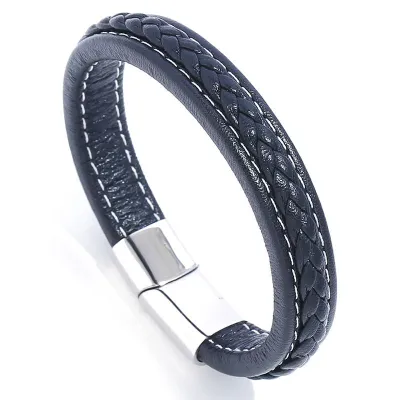 Men Fashion Handmade Braided Solid Color Titanium Steel Leather Bracelet