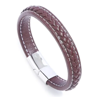 Men Fashion Handmade Braided Solid Color Titanium Steel Leather Bracelet