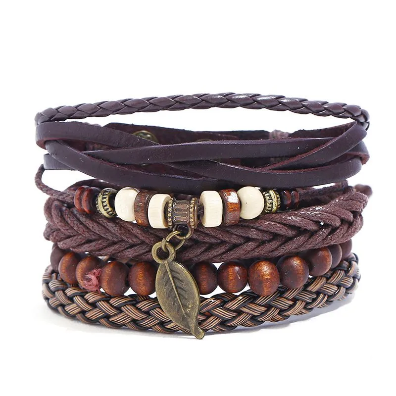 Fashion Multilayer Vintage Wooden Beads Leather Bracelet For Men Women