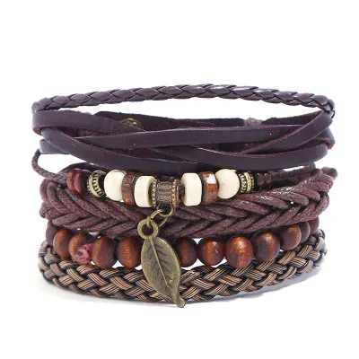 Fashion Multilayer Vintage Wooden Beads Leather Bracelet For Men Women