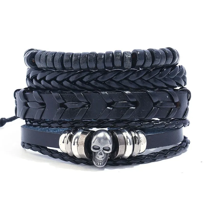 Men Fashion Punk Style Alloy Skull Multilayer PU Bracelet
