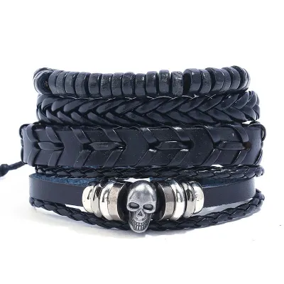 Men Fashion Punk Style Alloy Skull Multilayer PU Bracelet