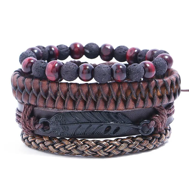 Fashion Men Unique Multilayer PU Leather Beads DIY Bracelets