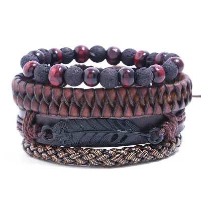 Fashion Men Unique Multilayer PU Leather Beads DIY Bracelets